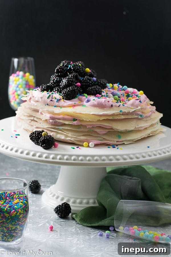 Rainbow Sprinkle Crepe Tower 2 funfetti crepe cake layers