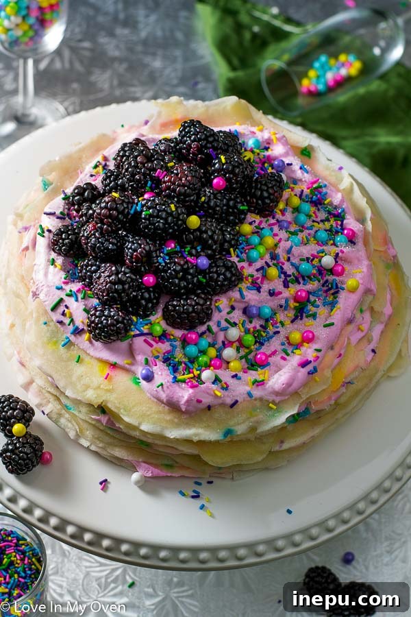 Rainbow Sprinkle Crepe Tower 3 funfetti crepe cake slice