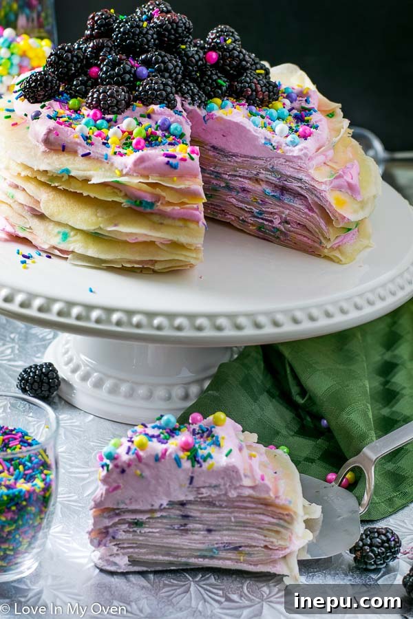 Rainbow Sprinkle Crepe Tower 6 Funfetti Crepe Cake close up